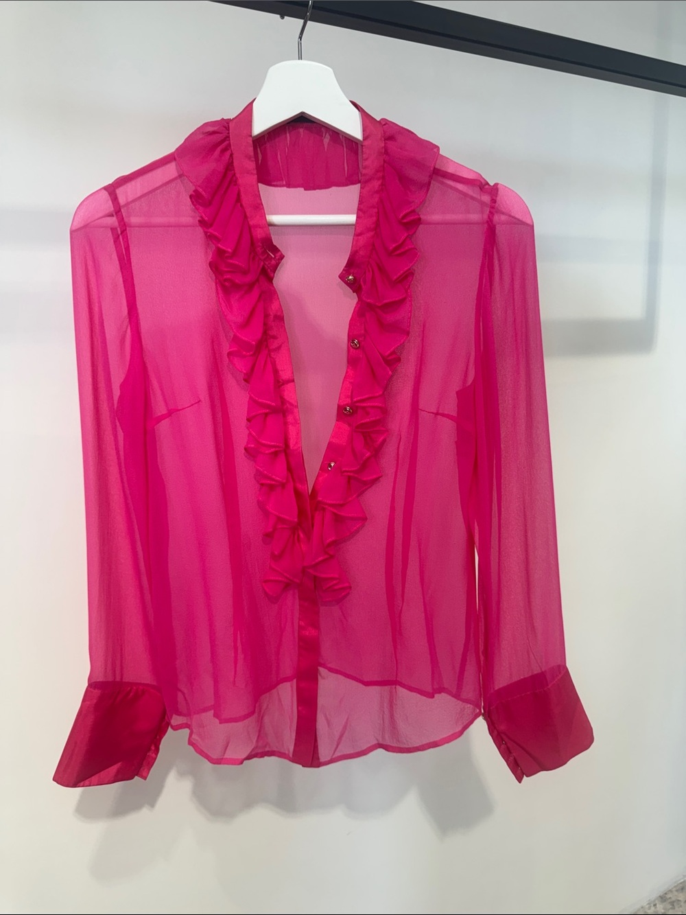 Sheer Ruffled V-Neck Blouse - Hot Pink